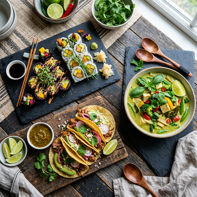 Colorful plant-based dishes representing the range of vegan cuisine on Vegan Eats Map